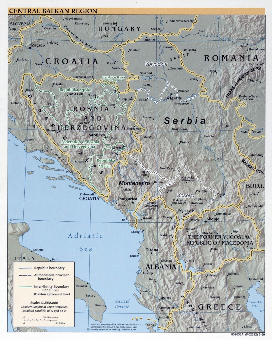 Large political map of Central Balkan Region with relief and major cities - 1999