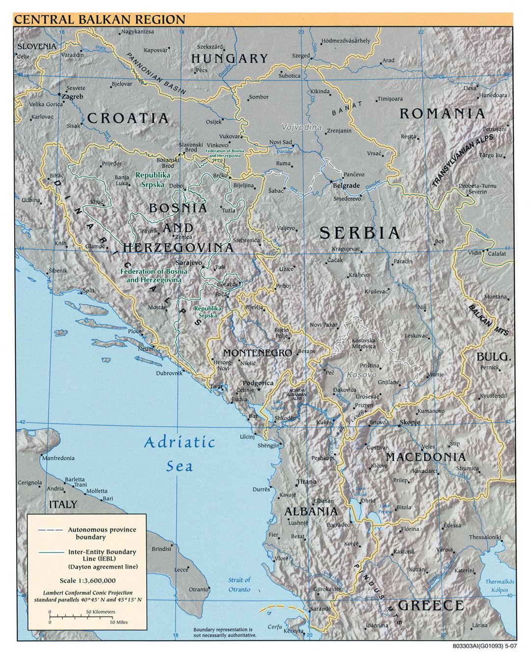 Large political map of Central Balkan Region with relief and major cities - 2007