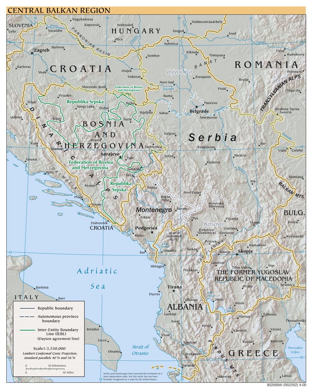 Large scale political map of Central Balkan Region with relief and major cities - 2000