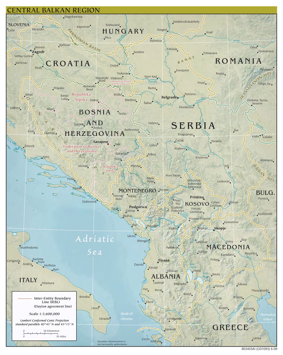 Large scale political map of Central Balkan Region with relief, major roads and major cities - 2009