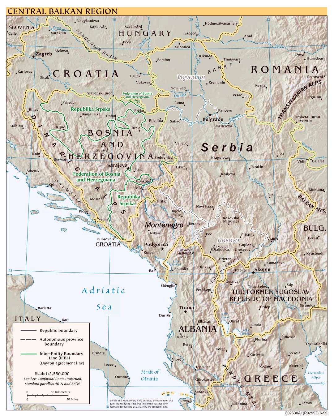 Large scale political map of Central Balkan Region with relief, roads and major cities - 1999
