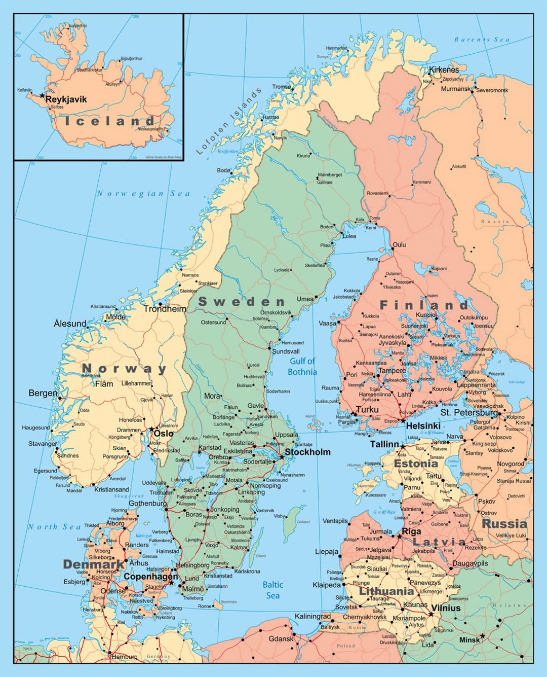 Detailed political map of Scandinavia