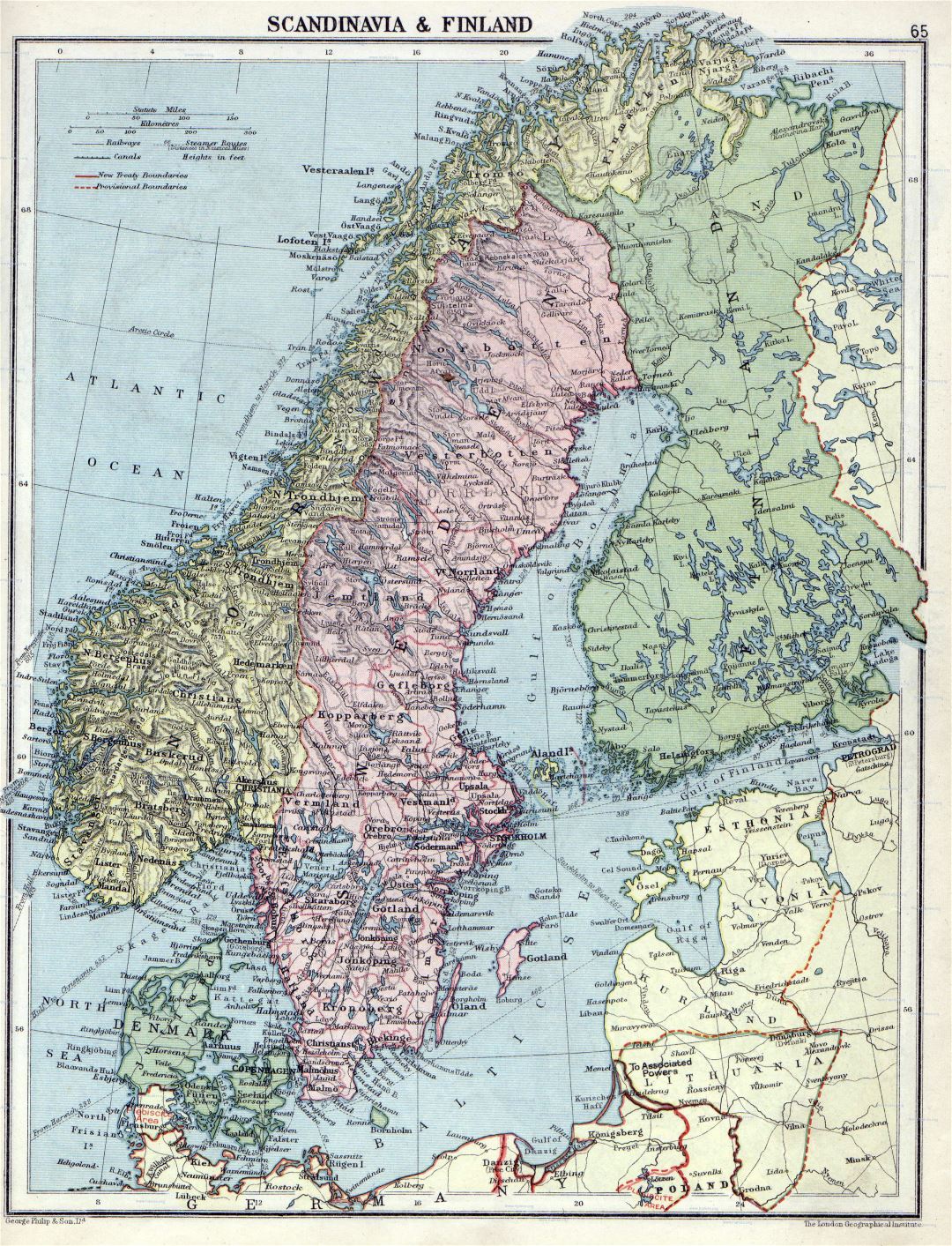 Large detailed old political map of Scandinavia with relief - 1920