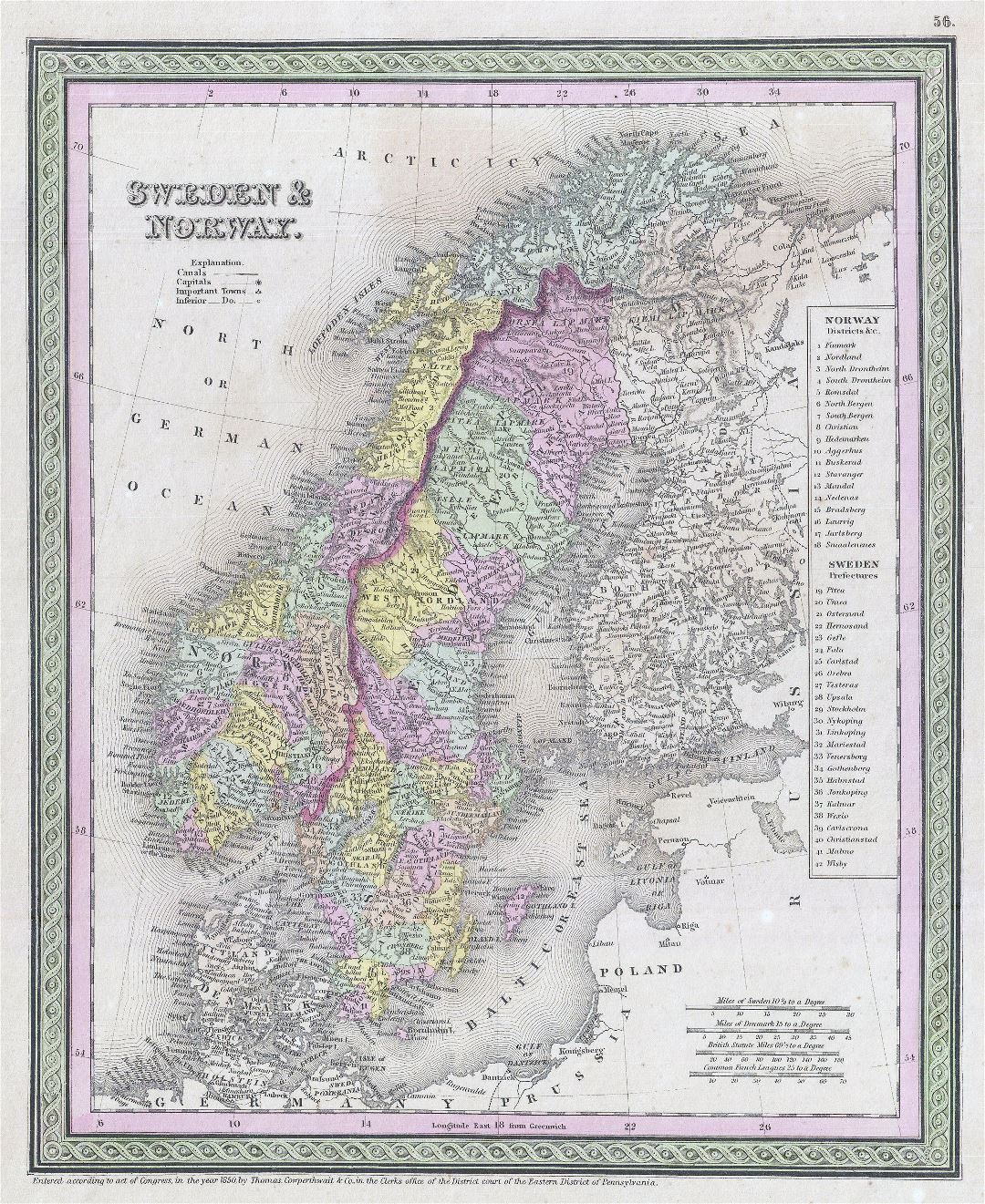 Large detailed old political map of Sweden and Norway - 1850