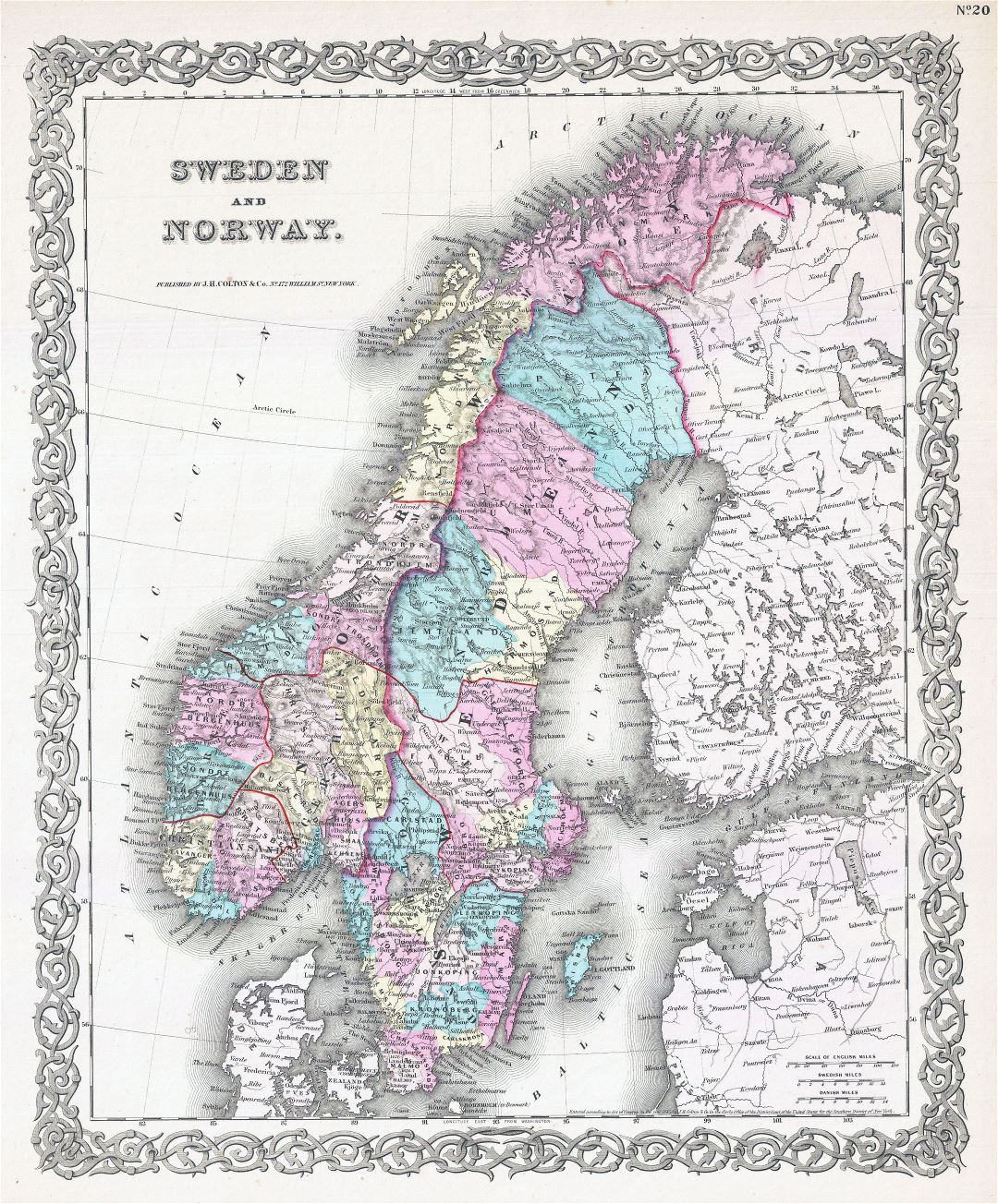 Large detailed old political map of Sweden and Norway with relief - 1855