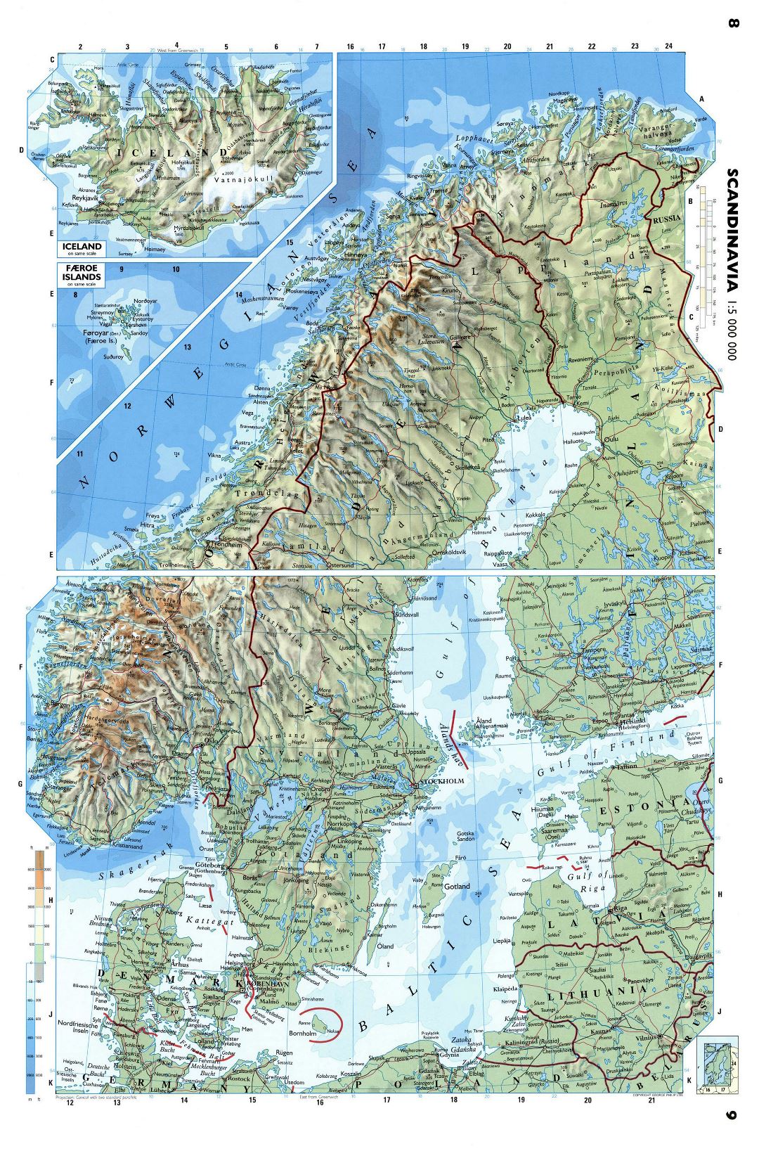Large detailed physical map of Scandinavia