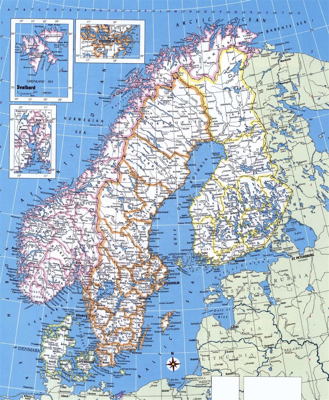 Large detailed political map of Norway, Sweden, Finland and Denmark