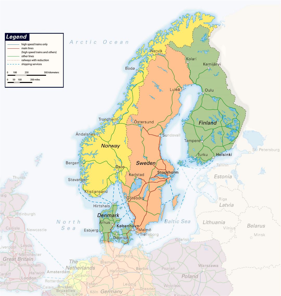 Large detailed railways map of Scandinavia