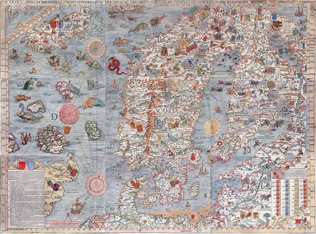 Large old illustrated map of Scandinavia