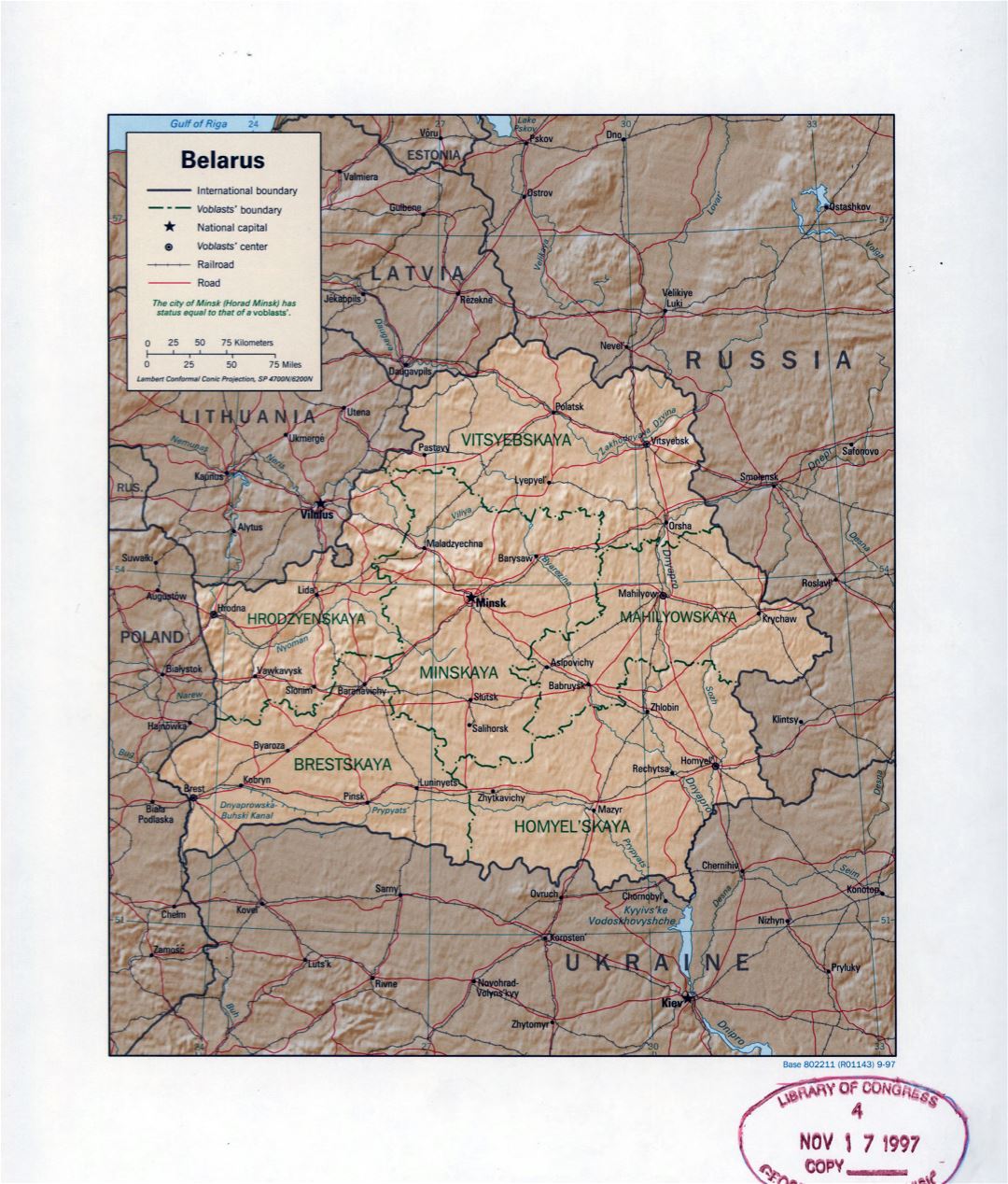 Large detail political and administrative map of Belarus with relief, marks of large cities, roads and railroads - 1997