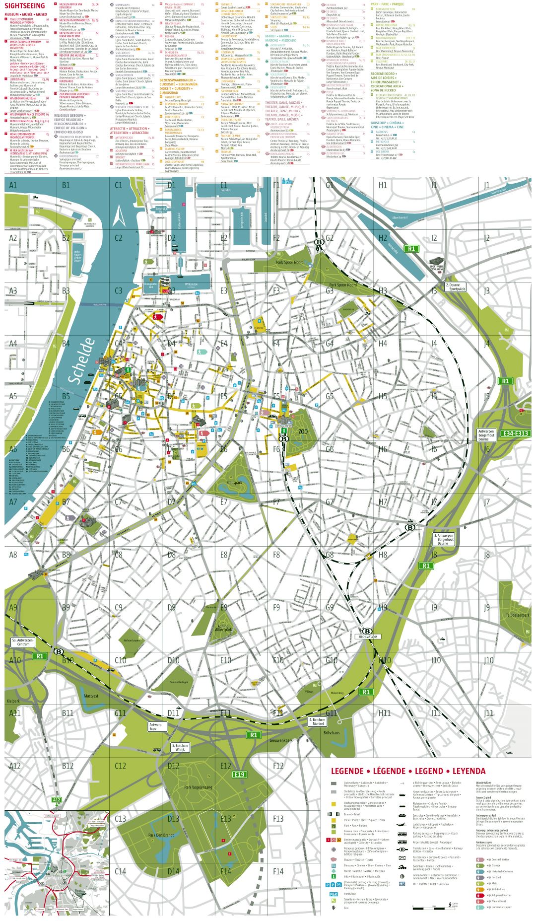 Large scale detailed tourist map of Antwerpen city