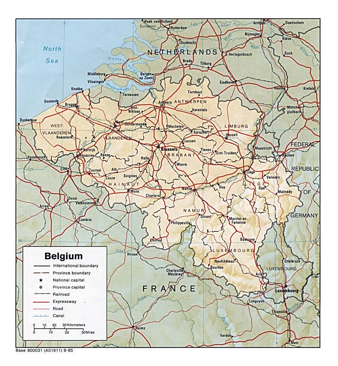 Detailed political and administrative map of Belgium with relief, roads and major cities - 1985