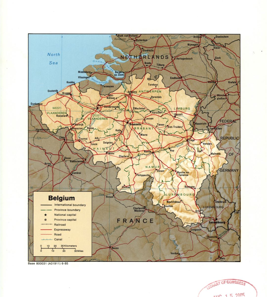 Large detail political and administrative map of Belgium with relief, marks of large cities, roads, railroads and canals - 1985