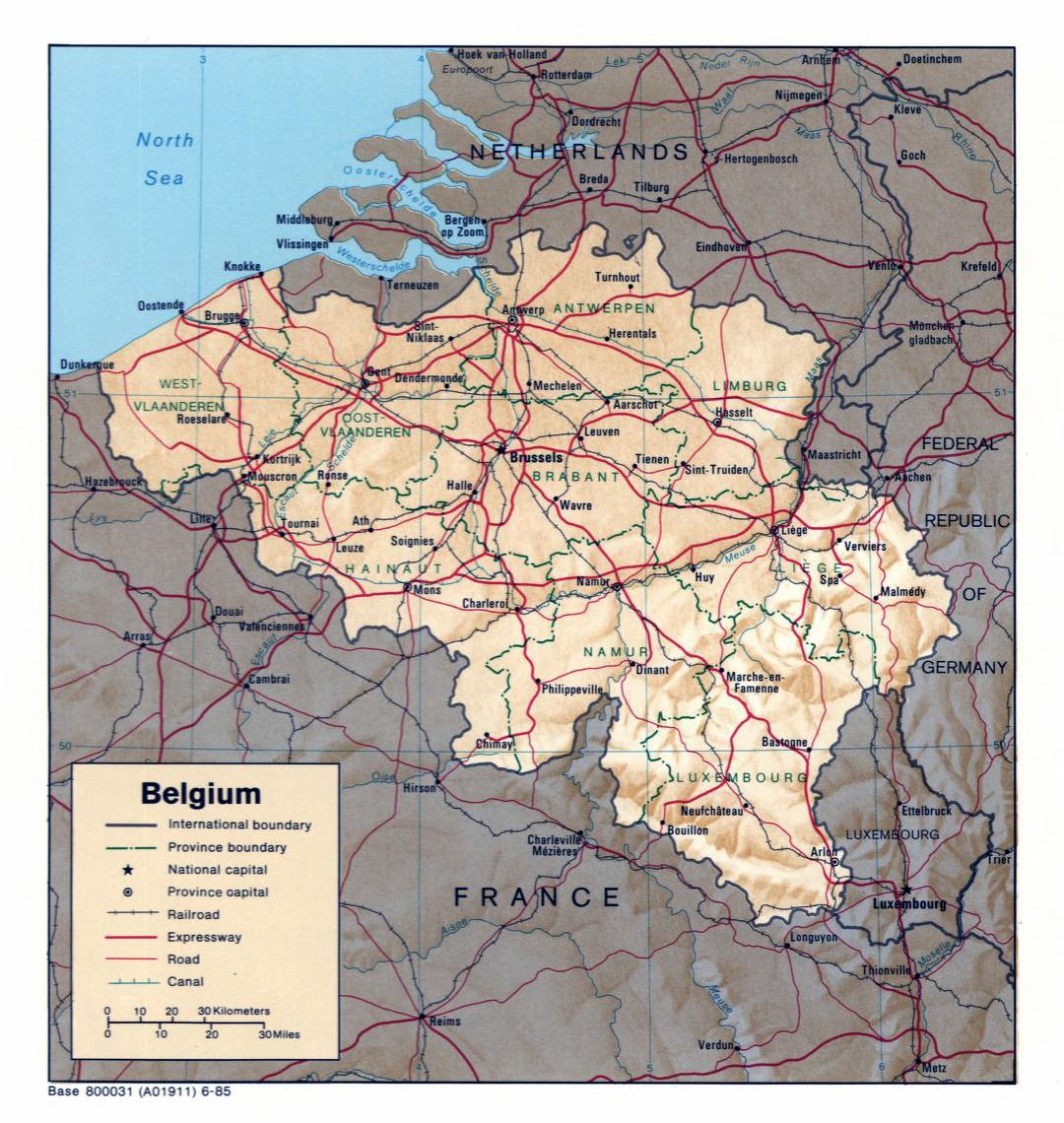 Large political and administrative map of Belgium with relief, roads and major cities - 1985