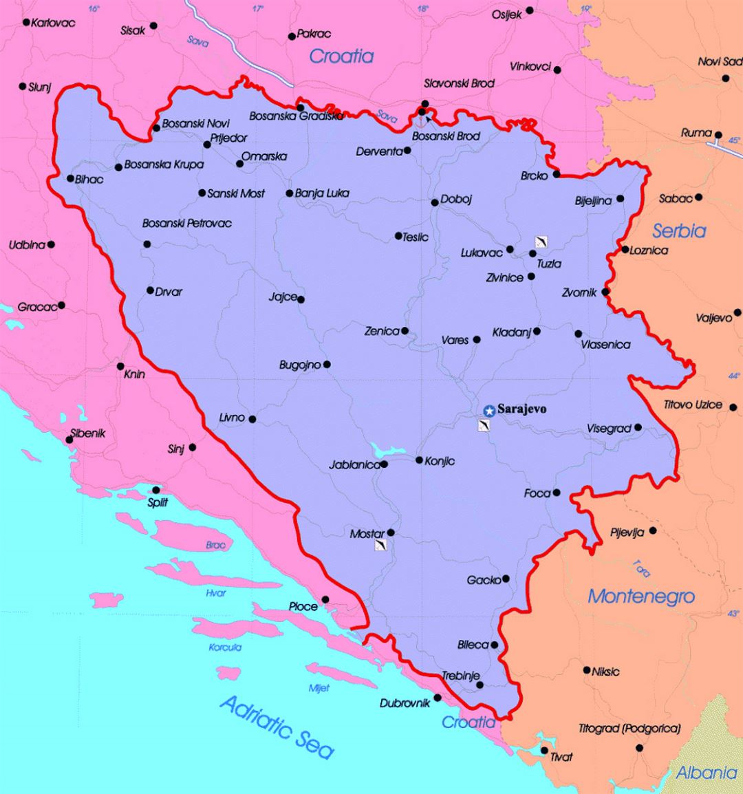 Detailed political map of Bosnia and Herzegovina with major cities and airports