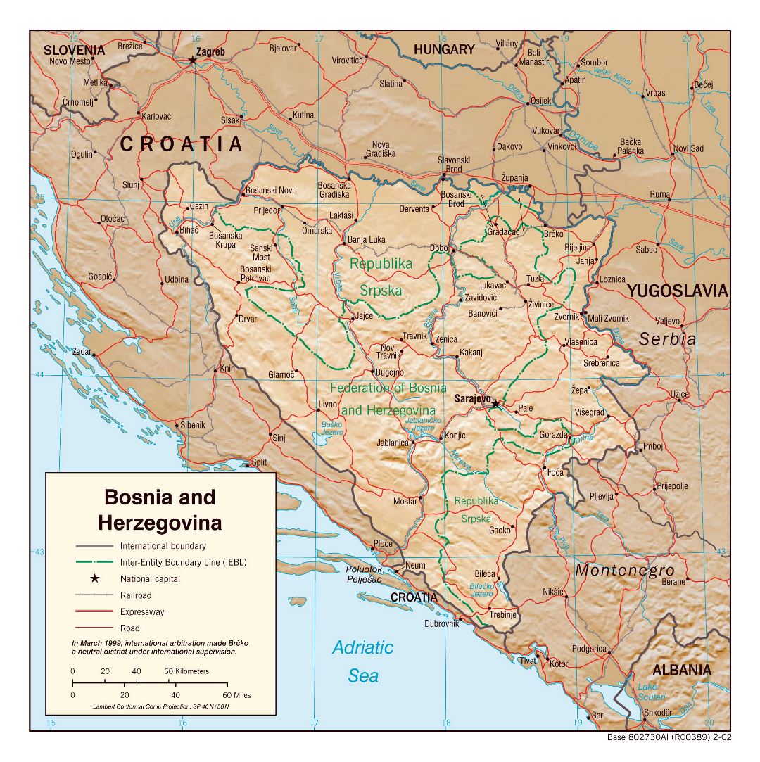 Large detailed political and administrative map of Bosnia and Herzegovina with relief, roads and cities - 2002