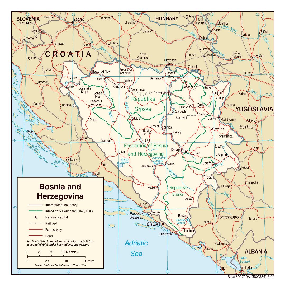 Large detailed political and administrative map of Bosnia and Herzegovina with roads and cities - 2002