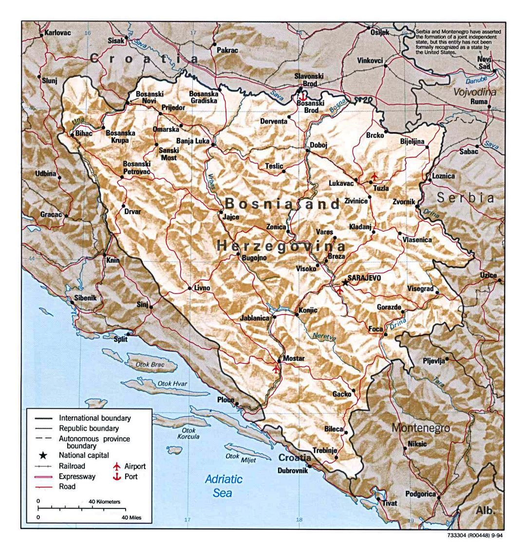 Large detailed political map of Bosnia and Herzegovina with relief, roads, major cities and airports - 1994