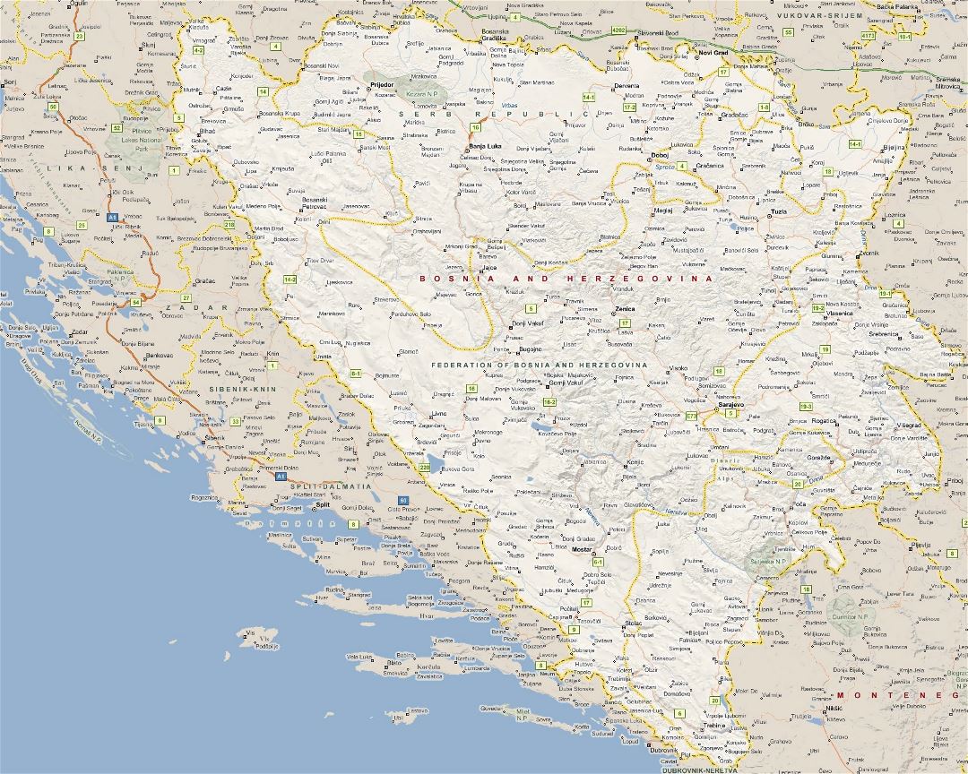 Large map of Bosnia and Herzegovina with all cities