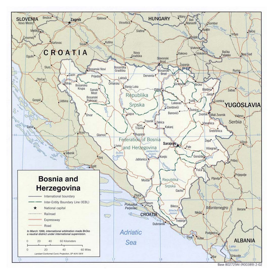 Large political and administrative map of Bosnia and Herzegovina with roads and major cities - 2002