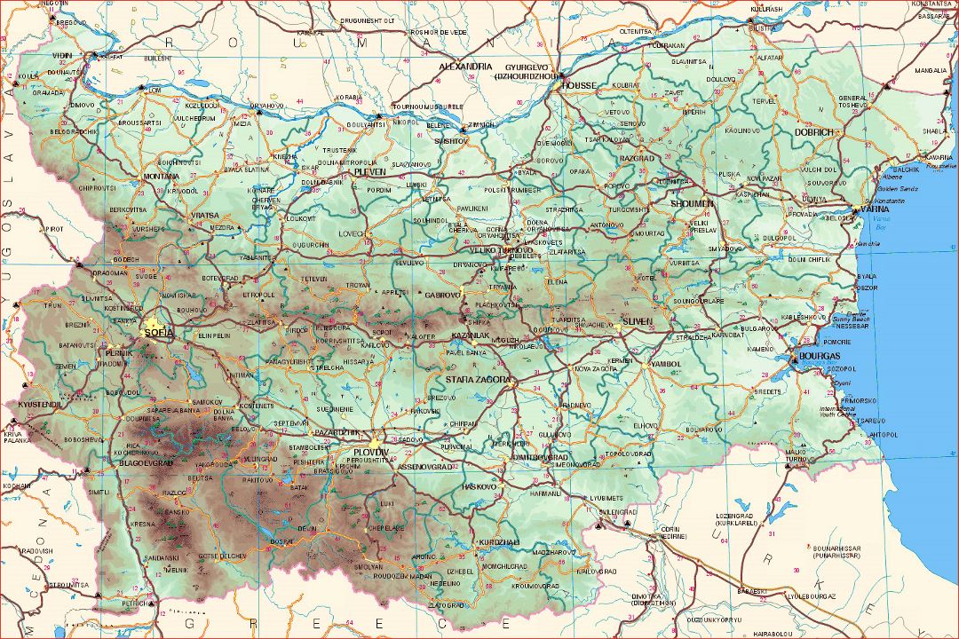 Detailed elevation map of Bulgaria with roads