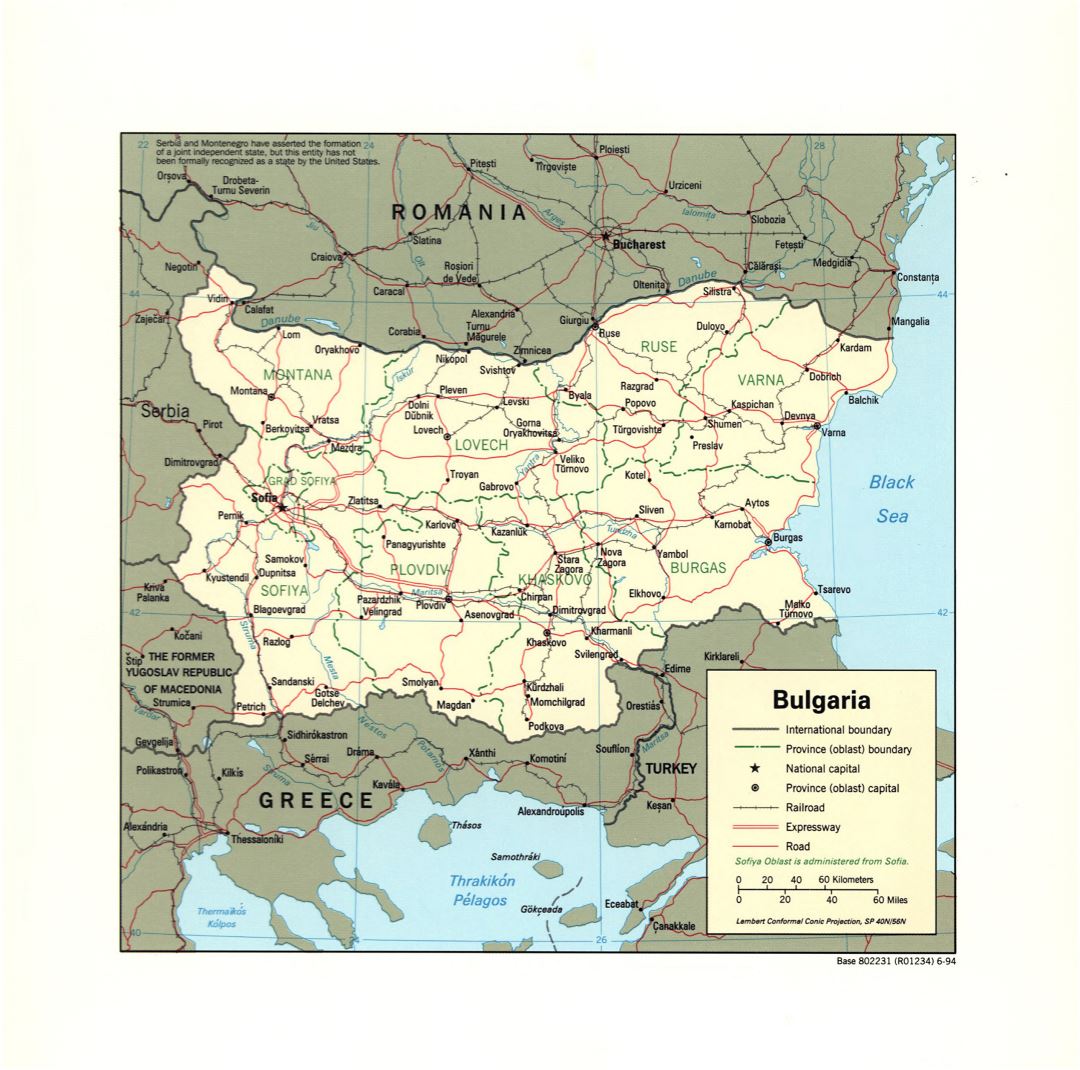 Large detail political and administrative map of Bulgaria with marks of major cities, roads and railroads - 1994