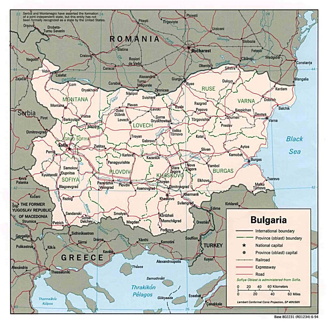 Large political and administrative map of Bulgaria with roads and major cities - 1994