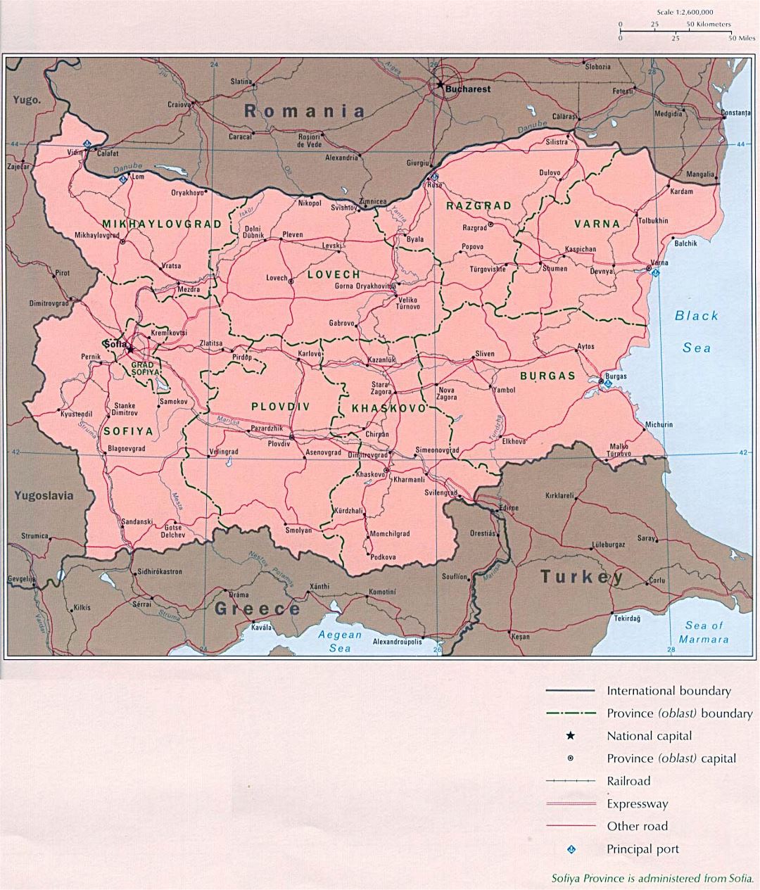 Large political and administrative map of Bulgaria with roads and major cities