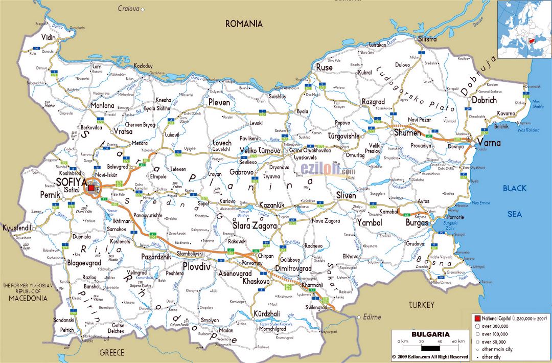 Large road map of Bulgaria with cities and airports