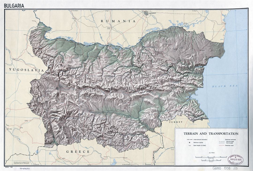 Large scale detail terrain and transportation map of Bulgaria - 1958