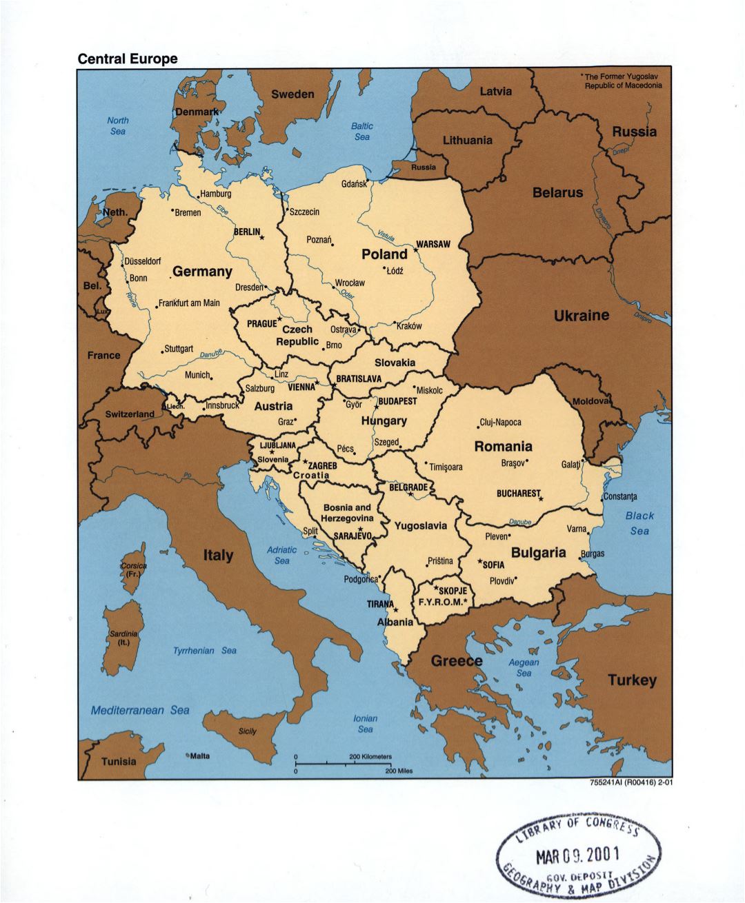 Large detailed political map of Central Europe with the marks of capitals, large cities and names of countries - 2001