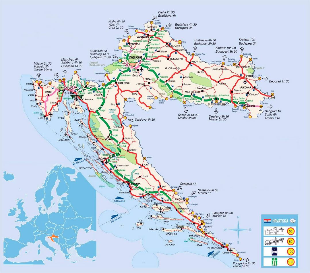 Detailed road map of Croatia