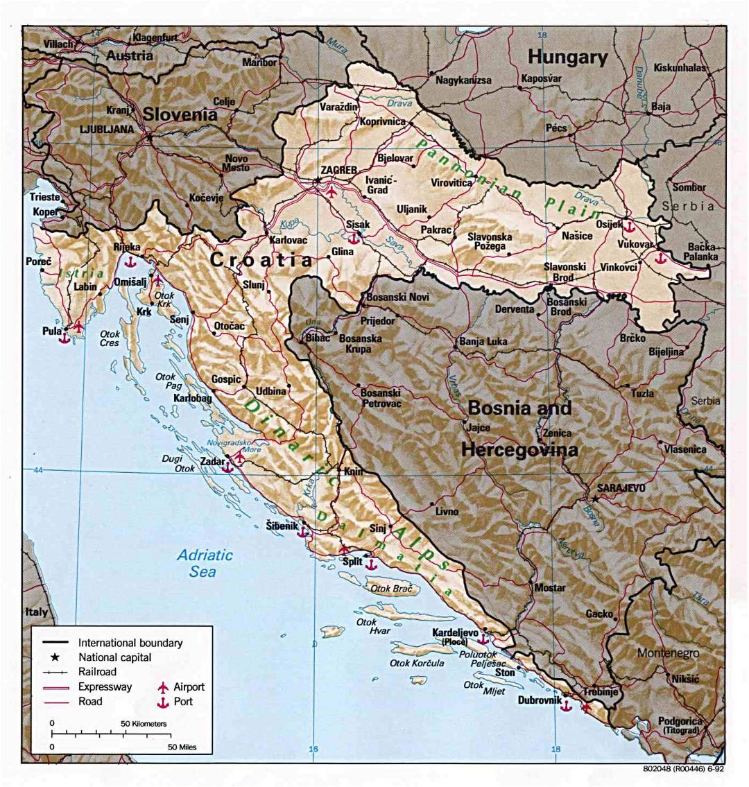 Large detailed political and administrative map of Croatia with relief, roads, major cities, seaports and airports - 1992