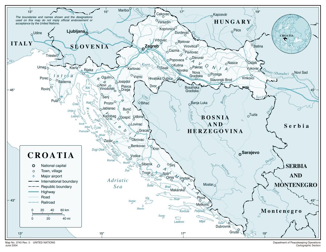 Large detailed political map of Croatia with roads, major cities and airports