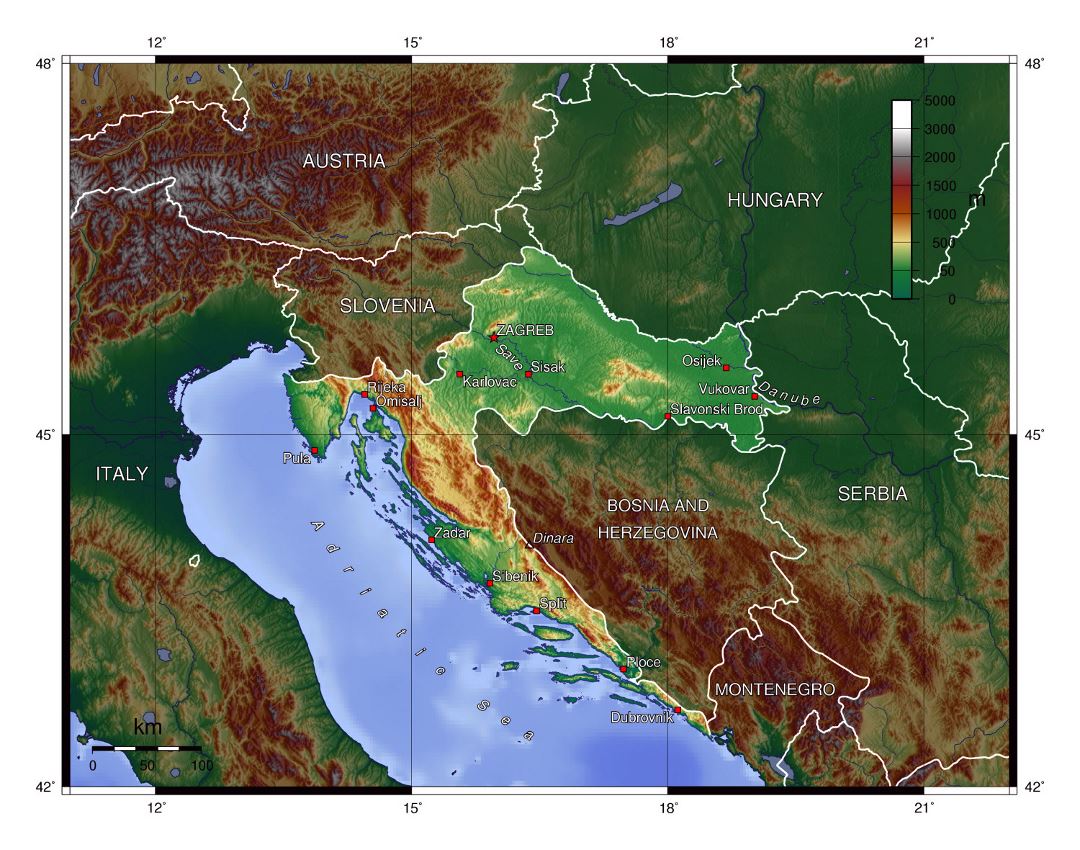 Large physical map of Croatia