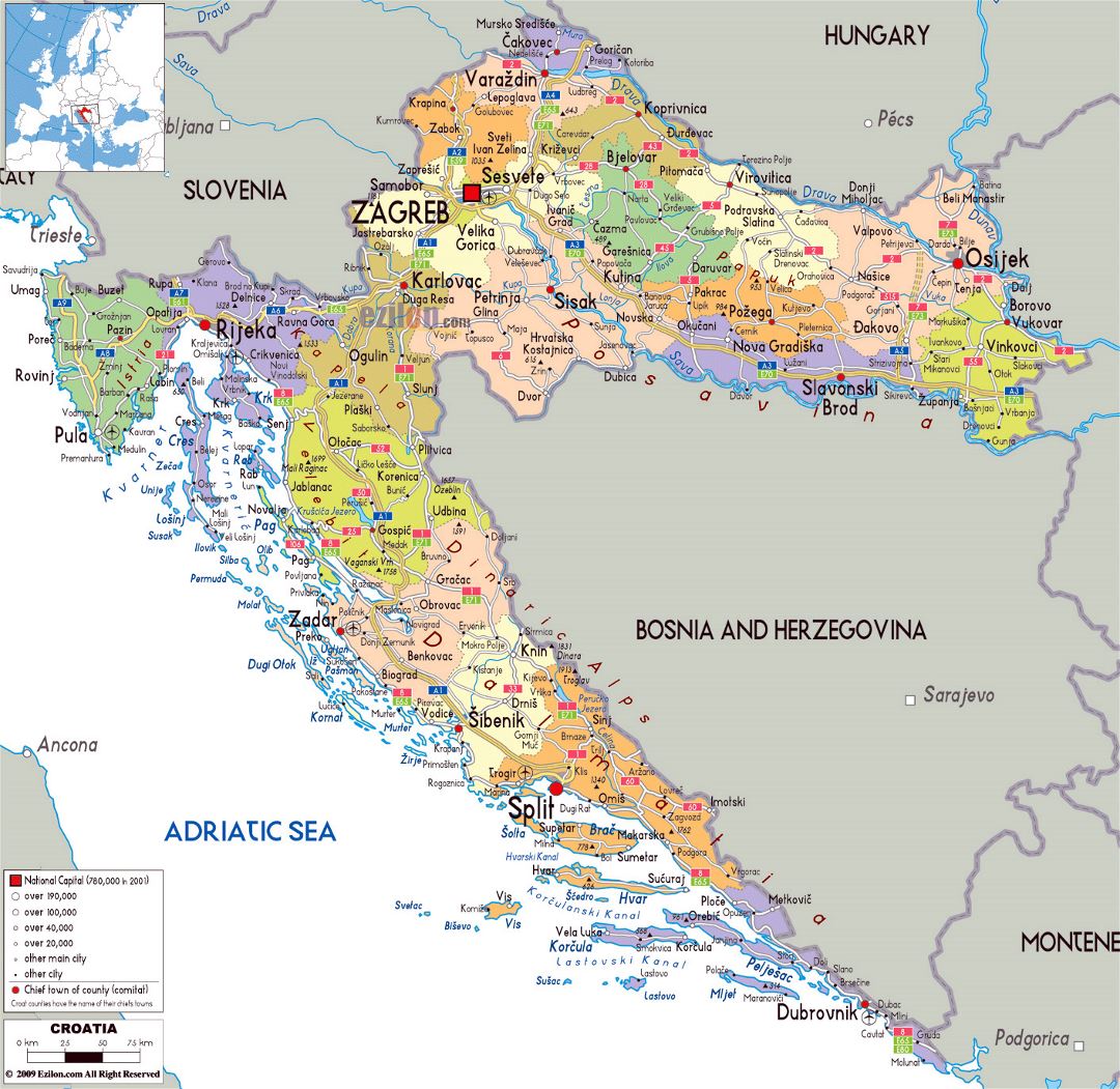 Large political and administrative map of Croatia with roads, cities and airports