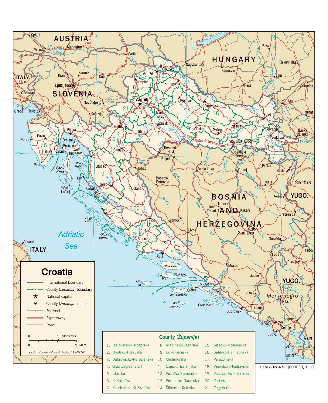 Large scale political and administrative map of Croatia with roads and cities - 2001