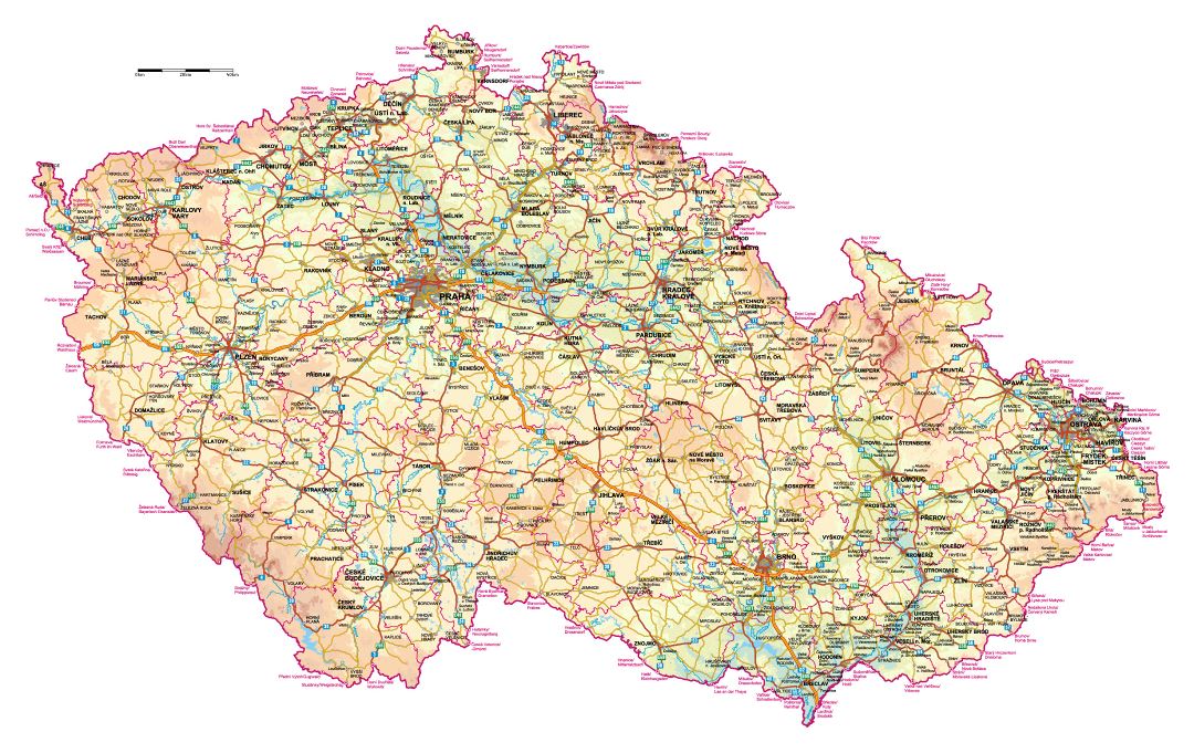 Detailed elevation map of Czech Republic with roads and all cities