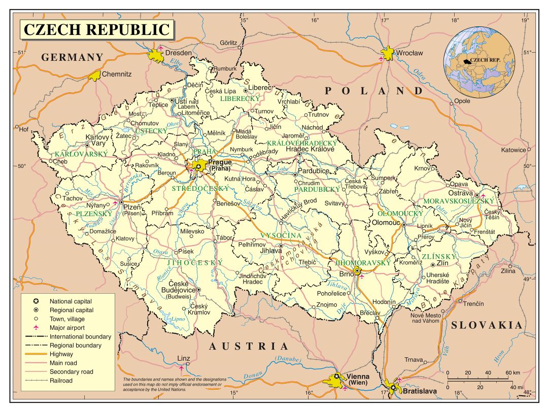Large detailed political and administrative map of Czech Republic with roads, cities and airports