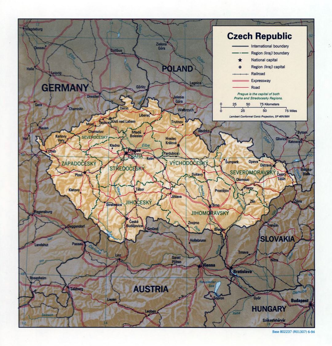 Large political and administrative map of Czech Republic with relief, roads and major cities - 1994
