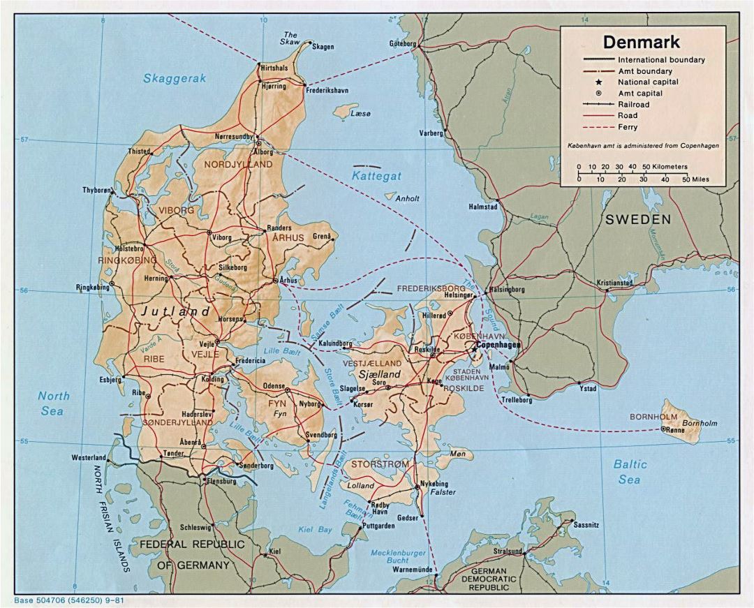 Detailed political and administrative map of Denmark with relief, roads and major cities - 1981