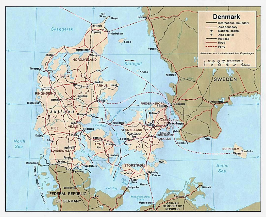 Detailed political and administrative map of Denmark with roads and major cities - 1981