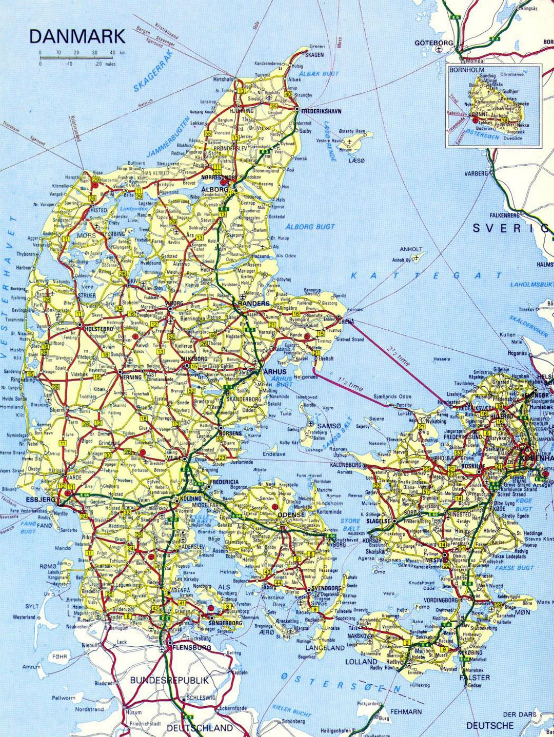 Detailed road map of Denmark with cities and airports