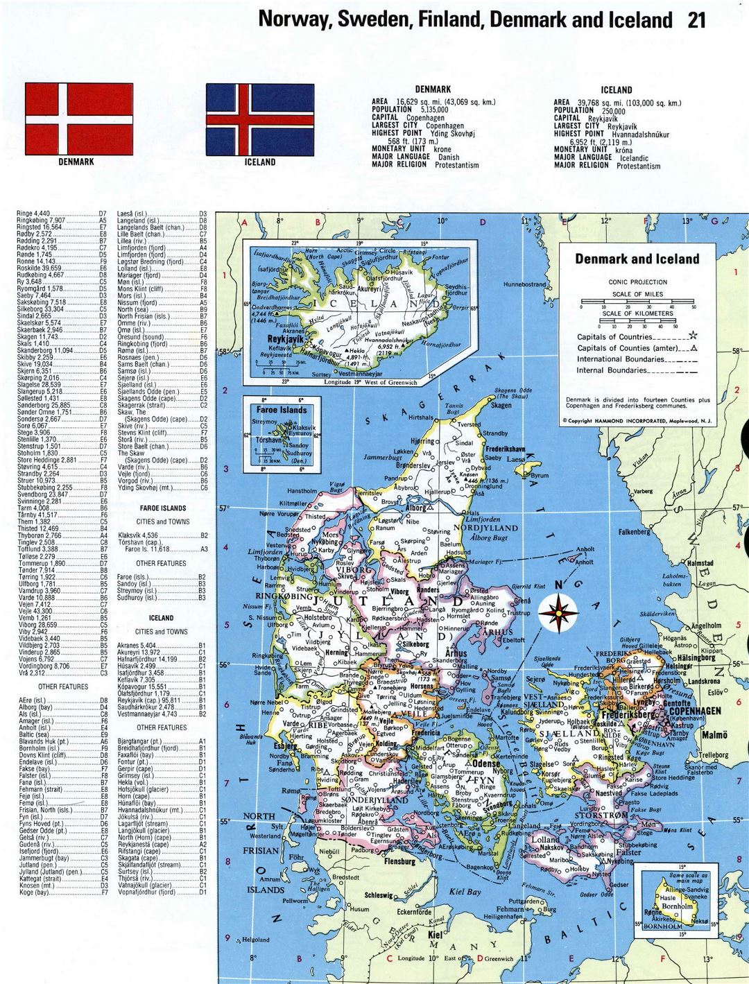 Large detailed political and administrative map of Denmark and Iceland