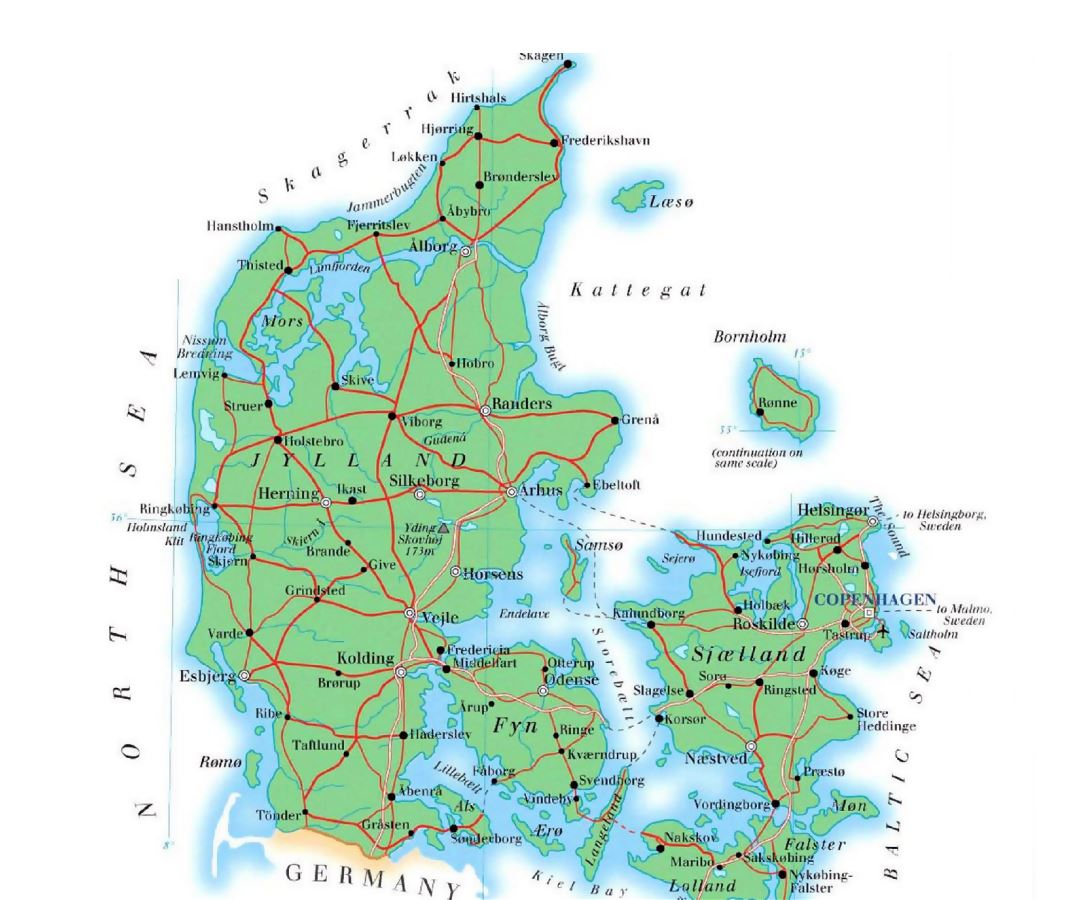 Large elevation map of Denmark with roads, cities and airports