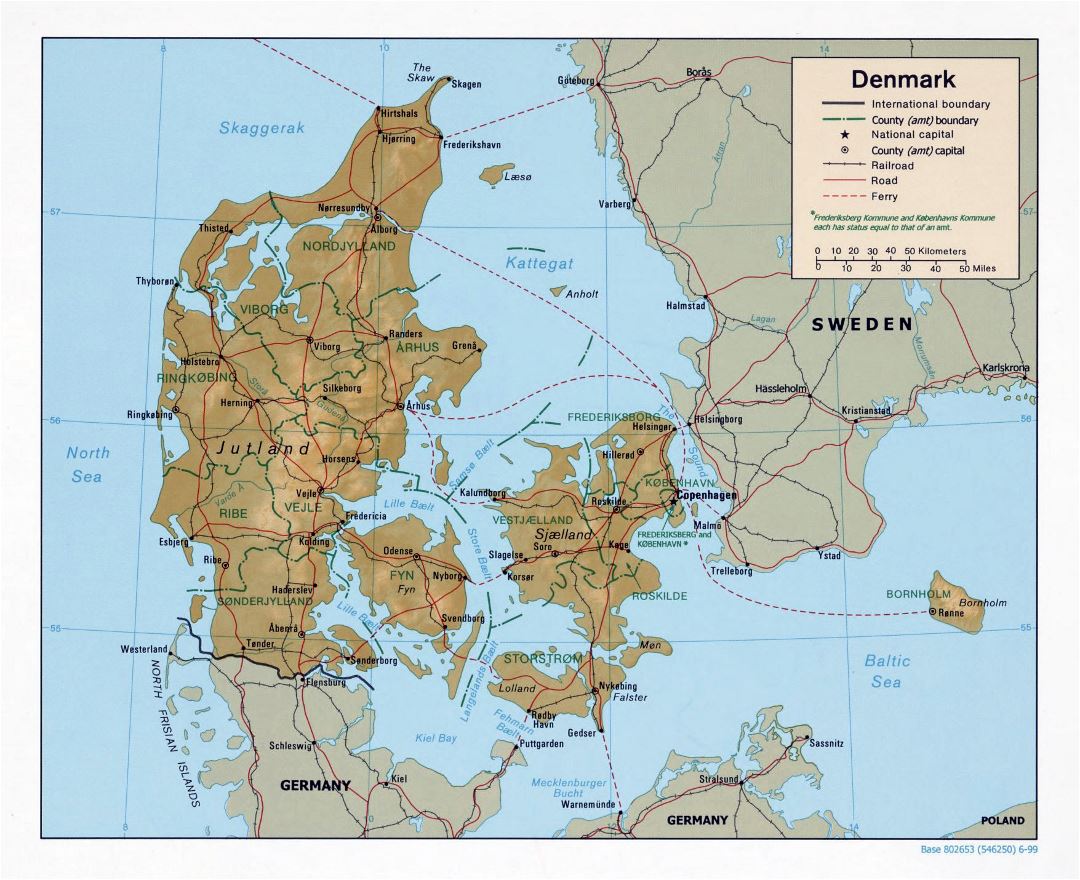 Large political and administrative map of Denmark with relief, roads, railroads and major cities - 1999
