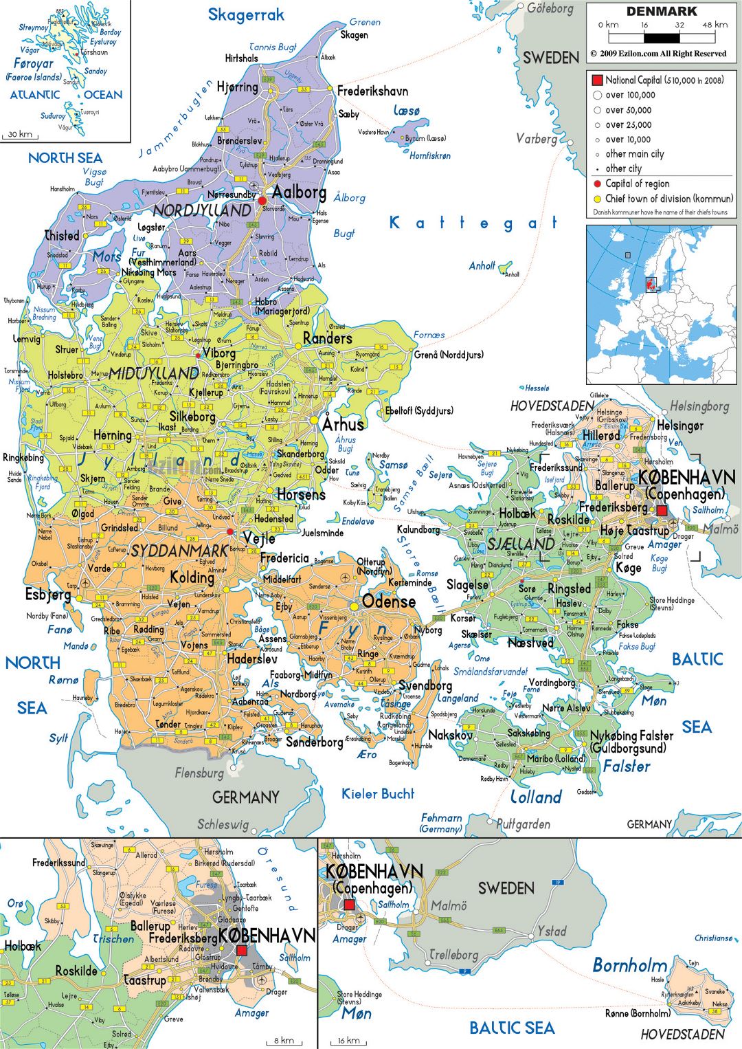 Large political and administrative map of Denmark with roads, cities and airports