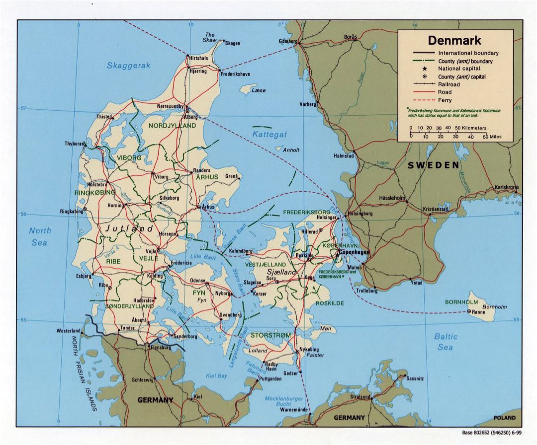 Large political and administrative map of Denmark with roads, railroads and major cities - 1999