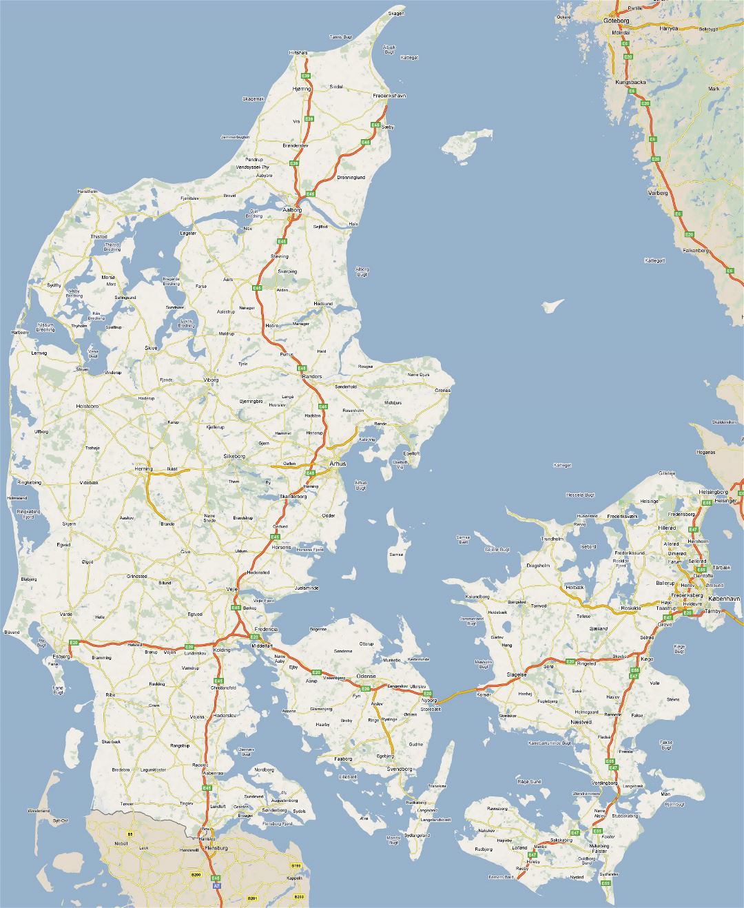 Large road map of Denmark with all cities