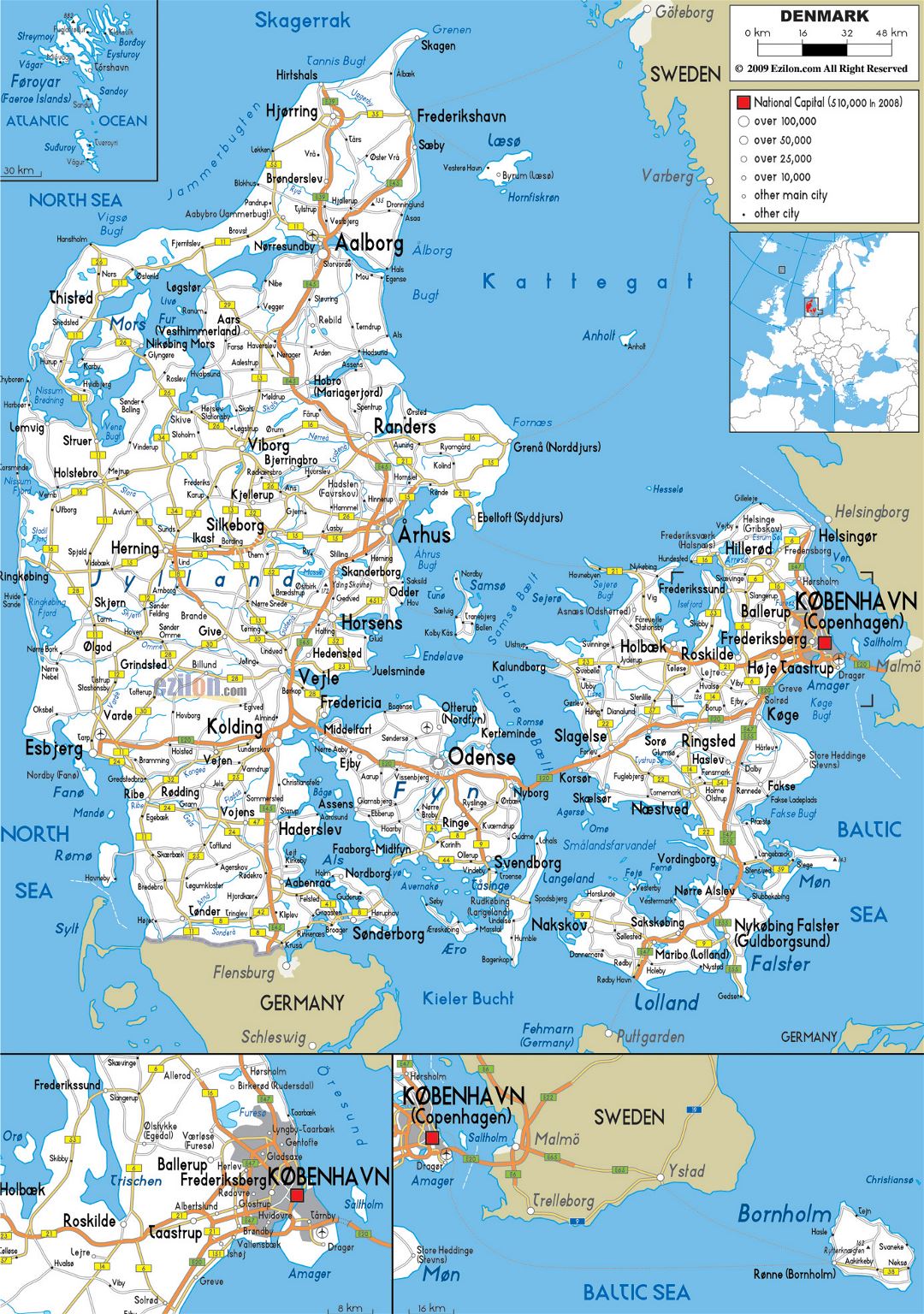 Large road map of Denmark with cities and airports
